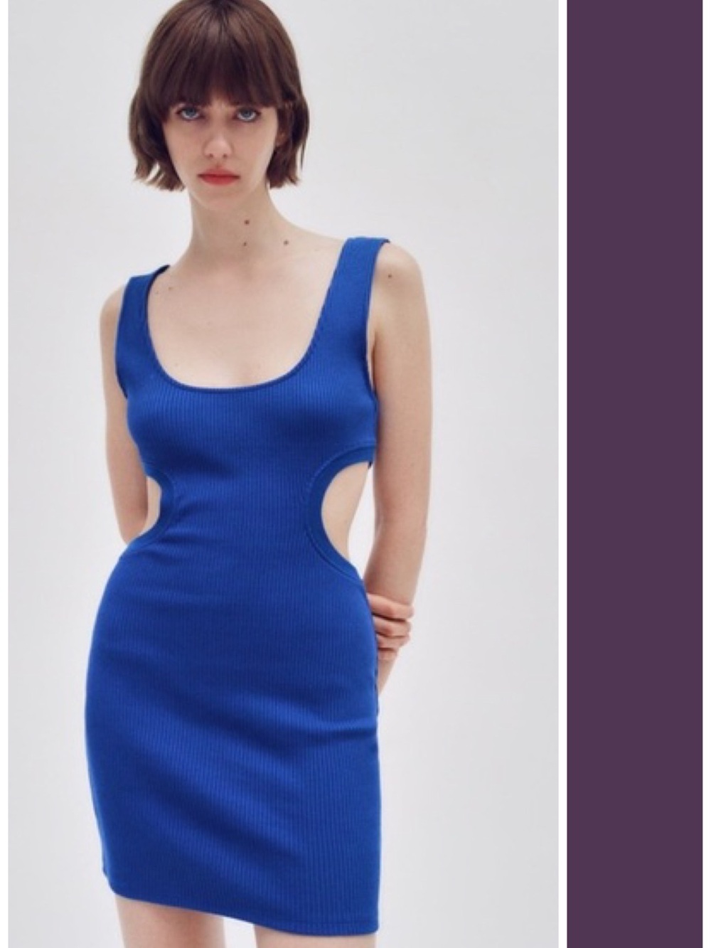 Zara Blue Ribbed Knit Cut-Out Mini Dress Sleeveless Size S Bodycon Cobalt Royal